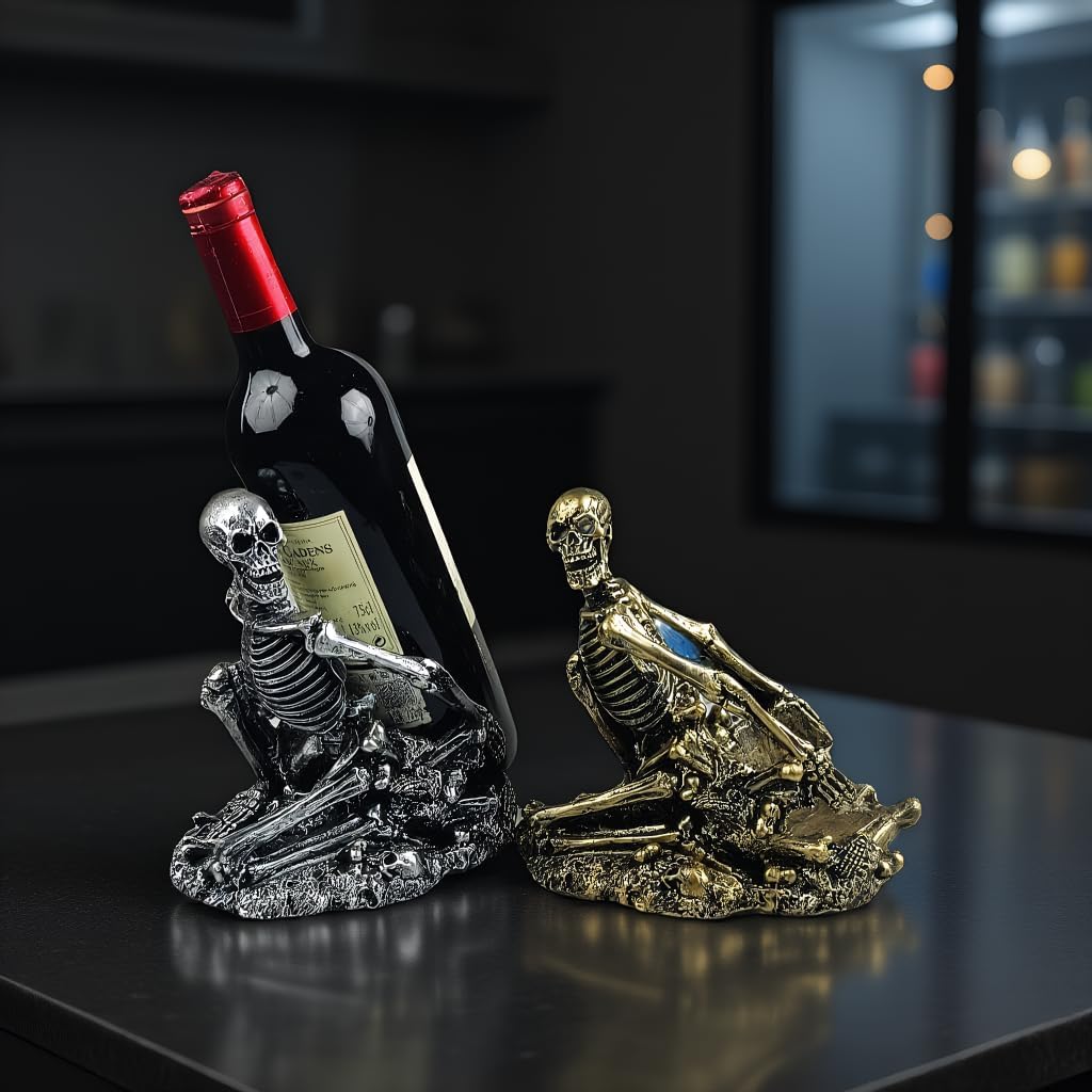 Gothic Skull Decorated Wine Bottle Rack, Halloween countertop Small Wine Rack, Room Emotional Decoration (Bronze)