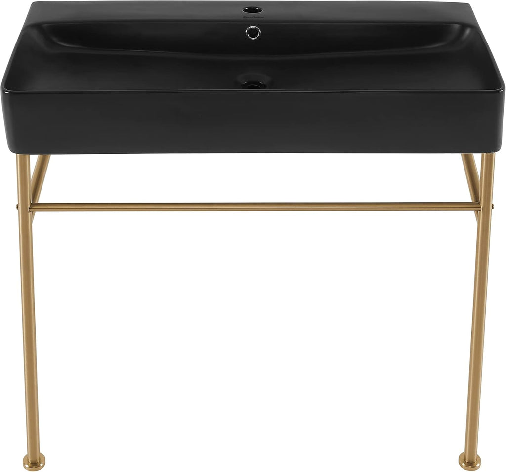 Carre 36" Ceramic Console Sink Matte Black Basin Brushed Gold Legs