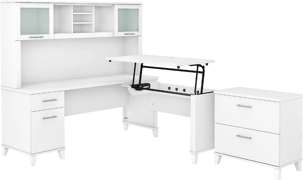 Bush Home Somerset 72W 3 Position Sit to Stand L Shaped Desk with Hutch and File Cabinet in White