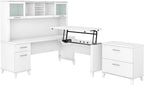 Bush Home Somerset 72W 3 Position Sit to Stand L Shaped Desk with Hutch and File Cabinet in White