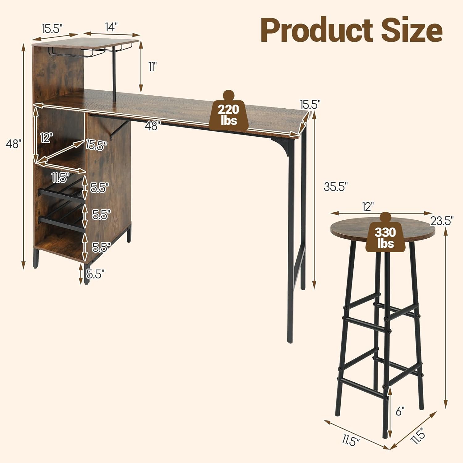 COSTWAY 3 Pieces Bar Table and Chair Set, Industrial Pub Table & Stools with Wine Glass Holders & 6-Bottle Wine Racks, Counter Height Dining Table Set for Living Room Dining Room Kitchen (Coffee)