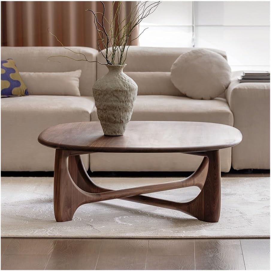 Wood Coffee Table Mid-Century Organic Curve Design Living Room Center Small Side Table(Large)