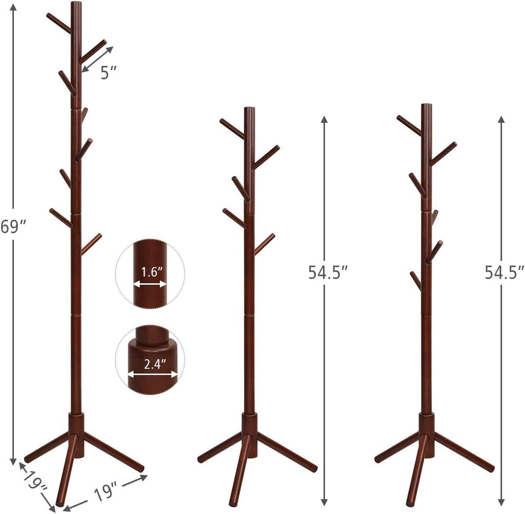 Tangkula Coat Rack Freestanding, Rubber Wood Coat Stand with 8 Hooks, Height Adjustable Entryway Coat Tree Coat Hanger Stand for Home Office Hall Entryway