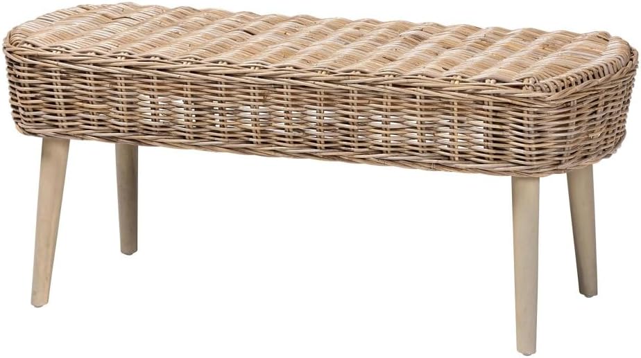 Accent Bench with Natural Kubu Rattan and Grey Acacia Wood for Living Room Entryway