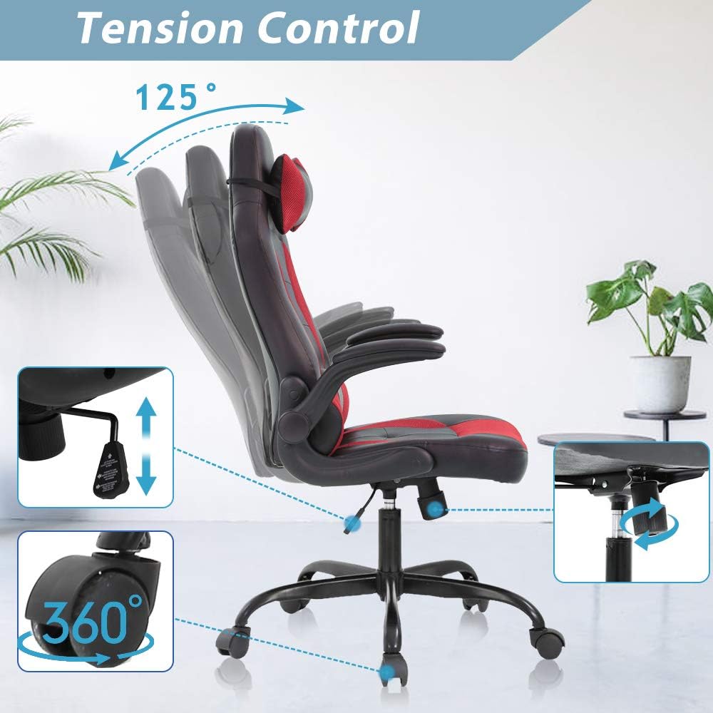 Red Gaming Chair, Ergonomic High Back Executive Office Chair with Flip-Up Arms, Adjustable Height, PU Leather, 300 lbs Weight Capacity