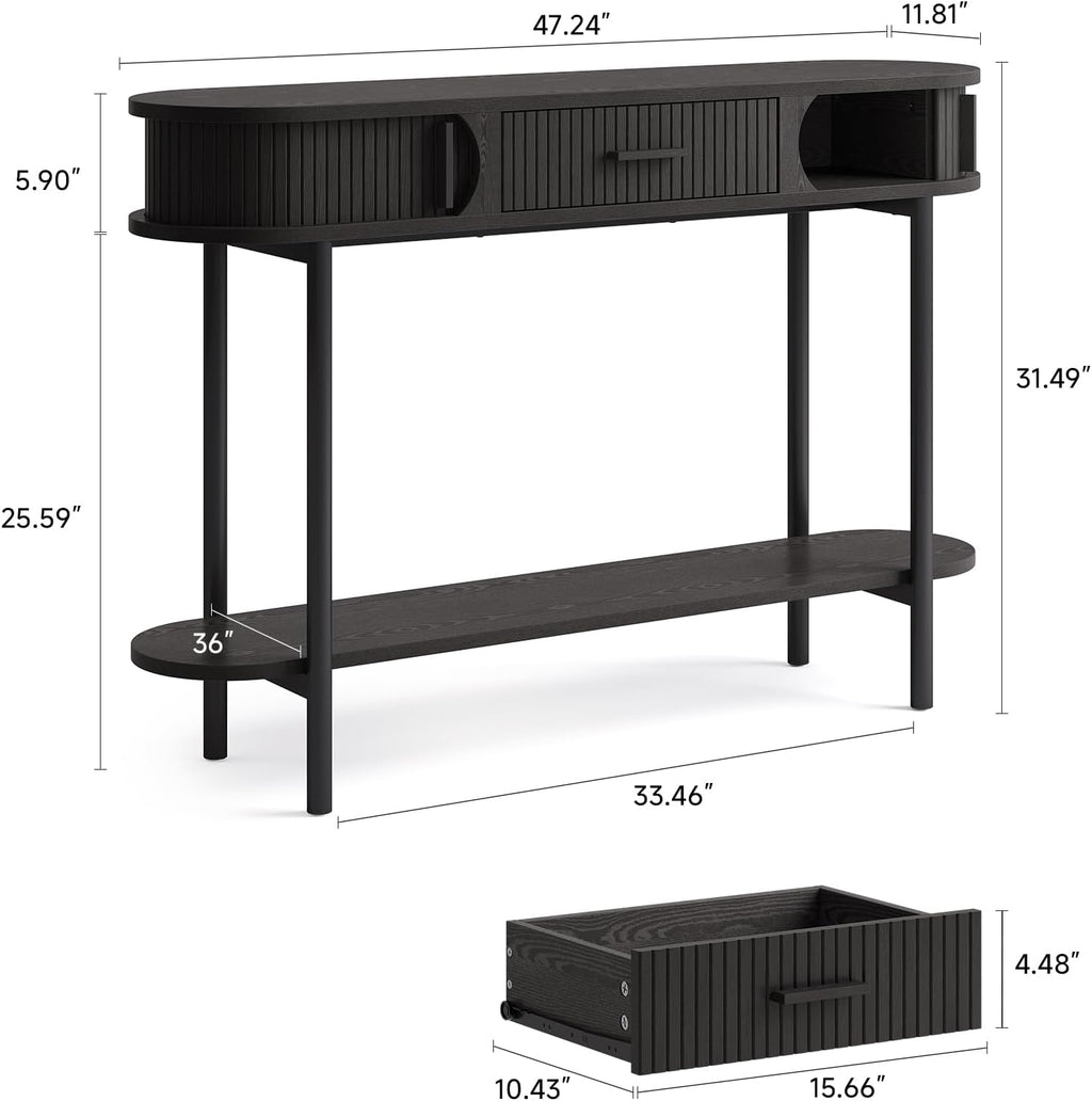 ONBRILL 47 Inch Fluted Console Table with Drawers, Entryway Table with Storage, Oval Sofa Tables Behind Couch, Mid-Century Modern Hallway Tables for Entryway, Hallway, Small Spaces, Black