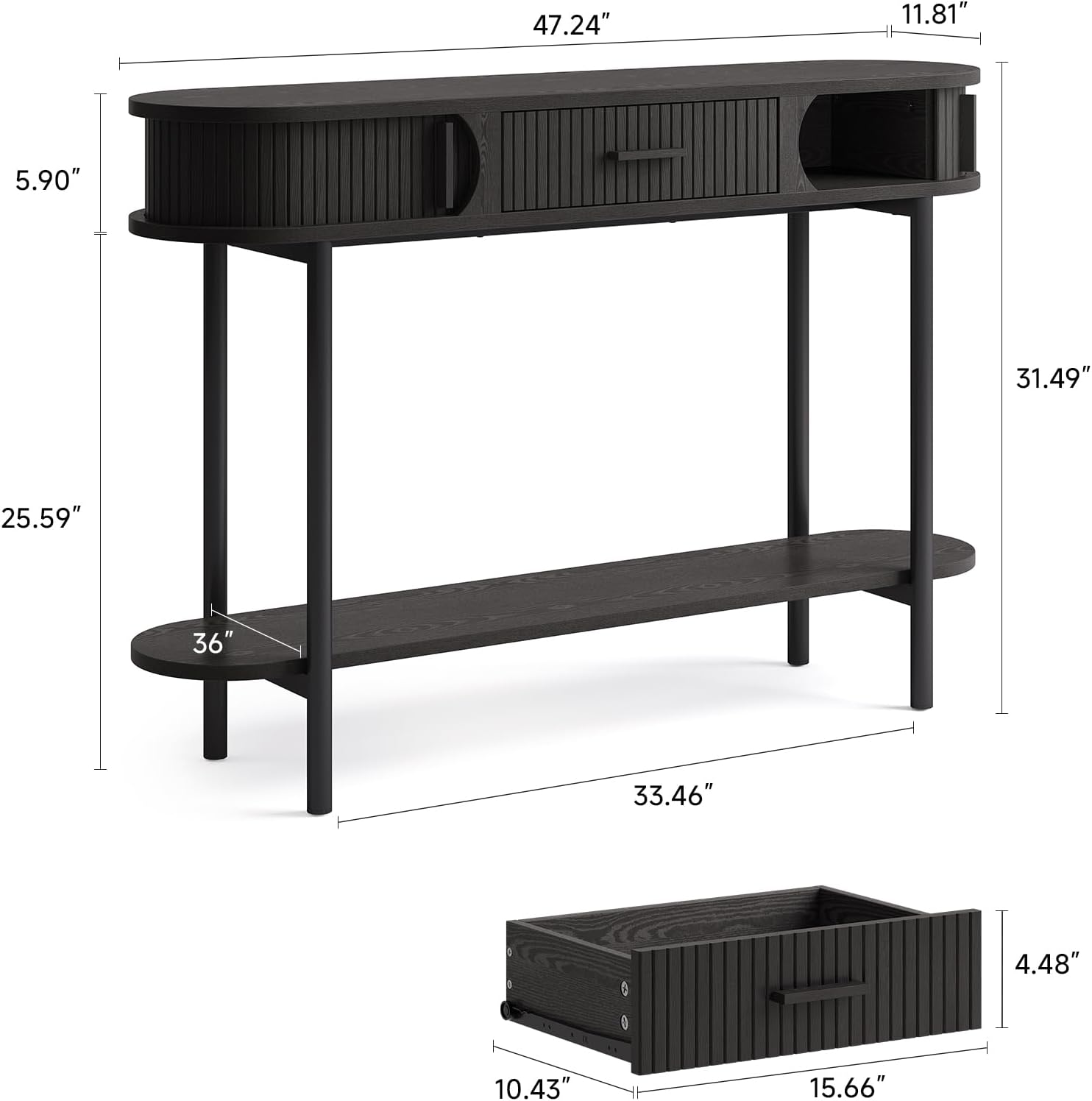 ONBRILL 47 Inch Fluted Console Table with Drawers, Entryway Table with Storage, Oval Sofa Tables Behind Couch, Mid-Century Modern Hallway Tables for Entryway, Hallway, Small Spaces, Black
