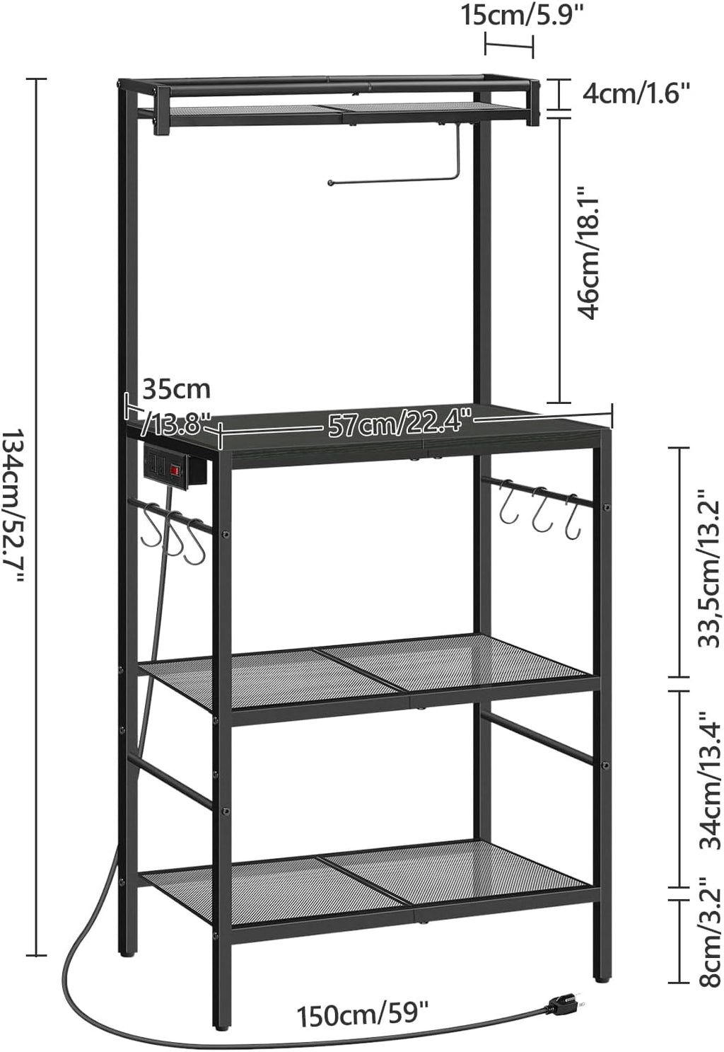 MAHANCRIS Bakers Rack with Storage, Microwave Stand with Paper Holder, Bakers Rack with Power Outlet, Coffee Bar Station with 6 Hooks, for Kitchen, Dining Room, Black BRBK36E01