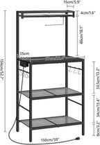 MAHANCRIS Bakers Rack with Storage, Microwave Stand with Paper Holder, Bakers Rack with Power Outlet, Coffee Bar Station with 6 Hooks, for Kitchen, Dining Room, Black BRBK36E01