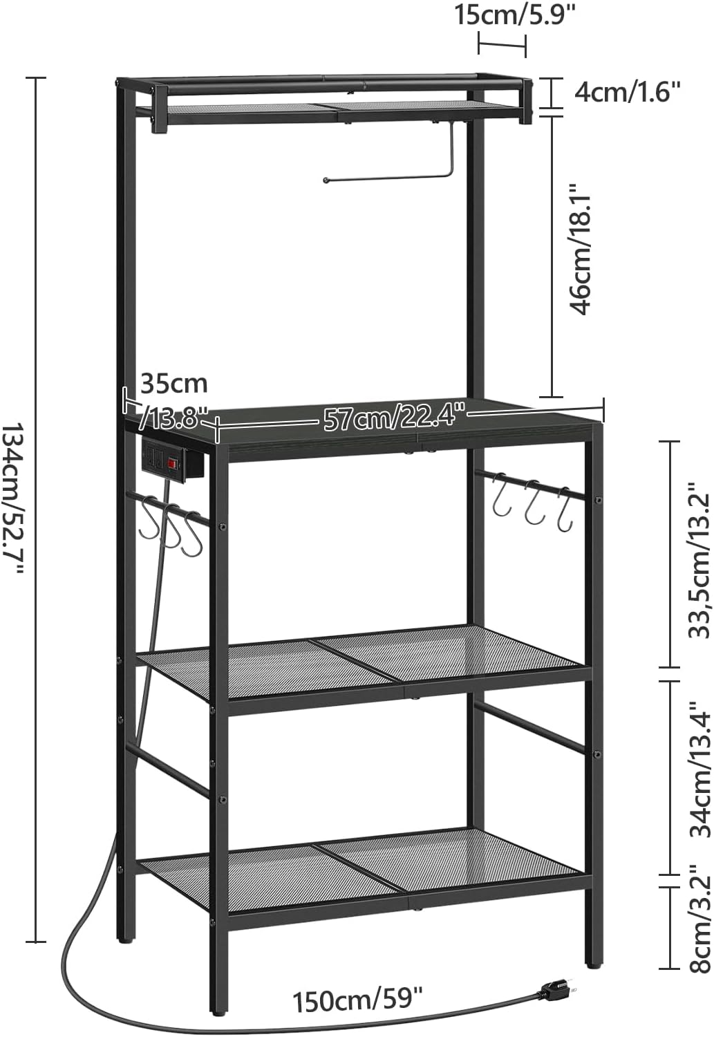 MAHANCRIS Bakers Rack with Storage, Microwave Stand with Paper Holder, Bakers Rack with Power Outlet, Coffee Bar Station with 6 Hooks, for Kitchen, Dining Room, Black BRBK36E01