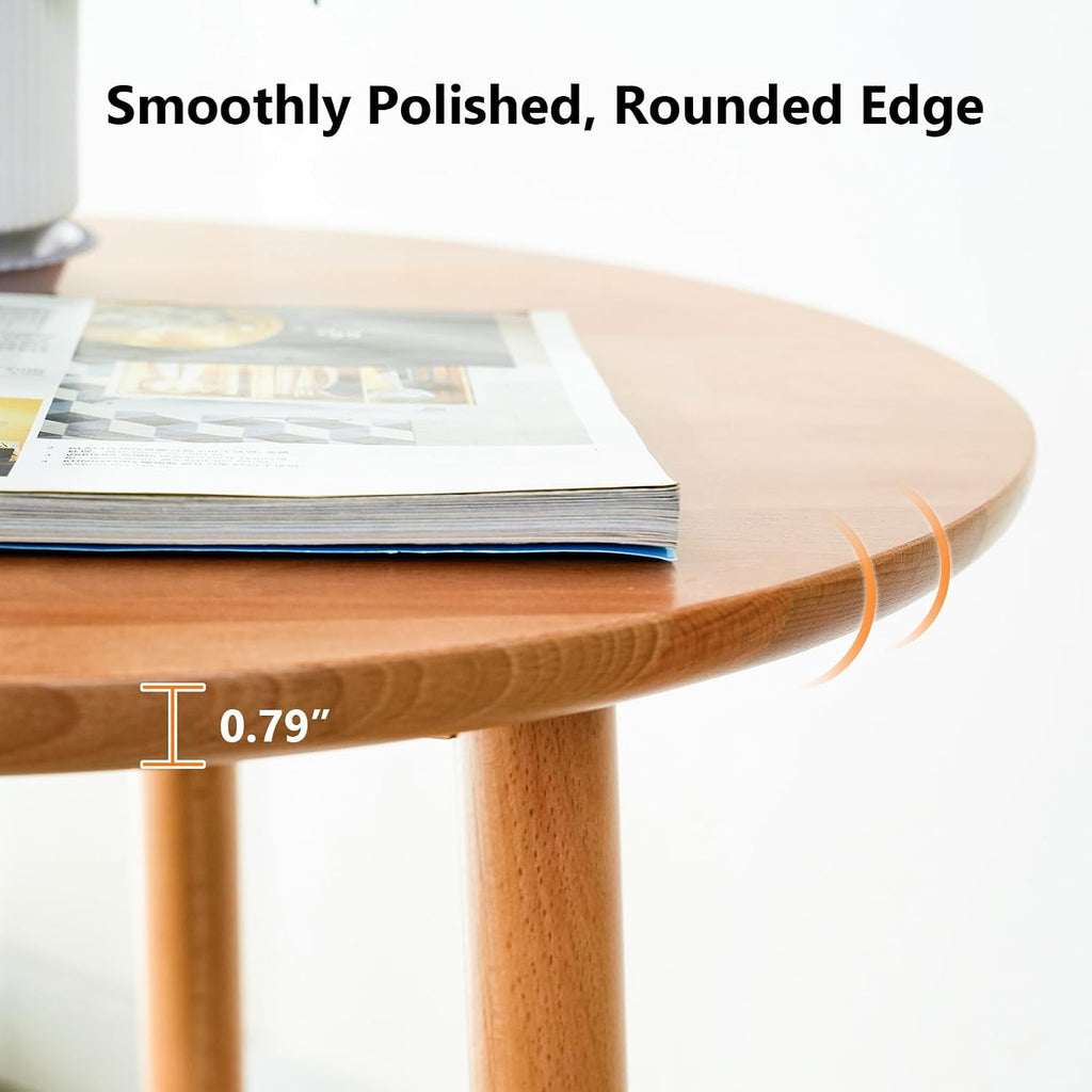 Side Table, Small Round End Table with 2-Tier Shelf, Solid Wood Nightstand for Living Room Bedroom, Mid Century Modern Accent Table for Small Spaces, Natural 19.49" D x 24.02" H
