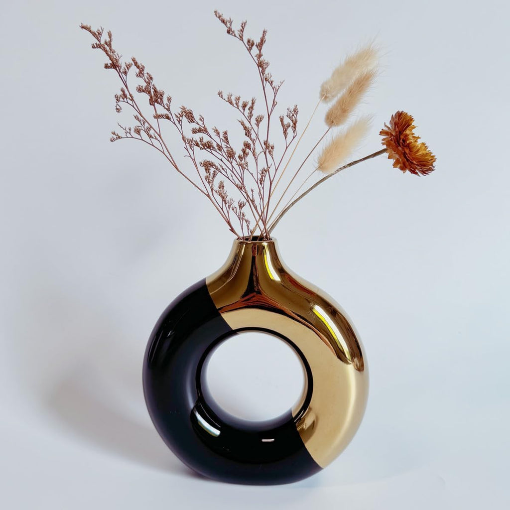 White and Gold Donut Vase, Modern Ceramic Vase for Pampas Grass, Perfect Centerpiece for Weddings, Living Room, and Office Decor (Black Gold, S)