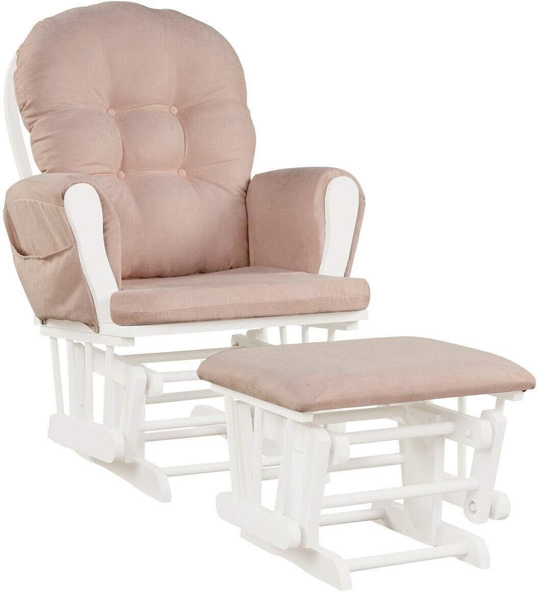 Nursery Rocking Chairs Nursery Glider Rocking Chair Wood Baby Rocker with Ottoman Cushion Upholstered Nursing Chair with Padded Arms (Pink)