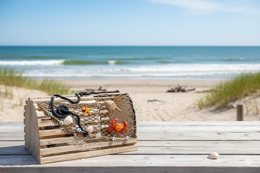 Decorative Lobster Trap Decor – Well Crafted Distressed Wood - Features Fishnet, Seashells Crab Starfish - Nautical Decorations for Home, Boats and Beach House - Decorative Crab Trap Gift Box