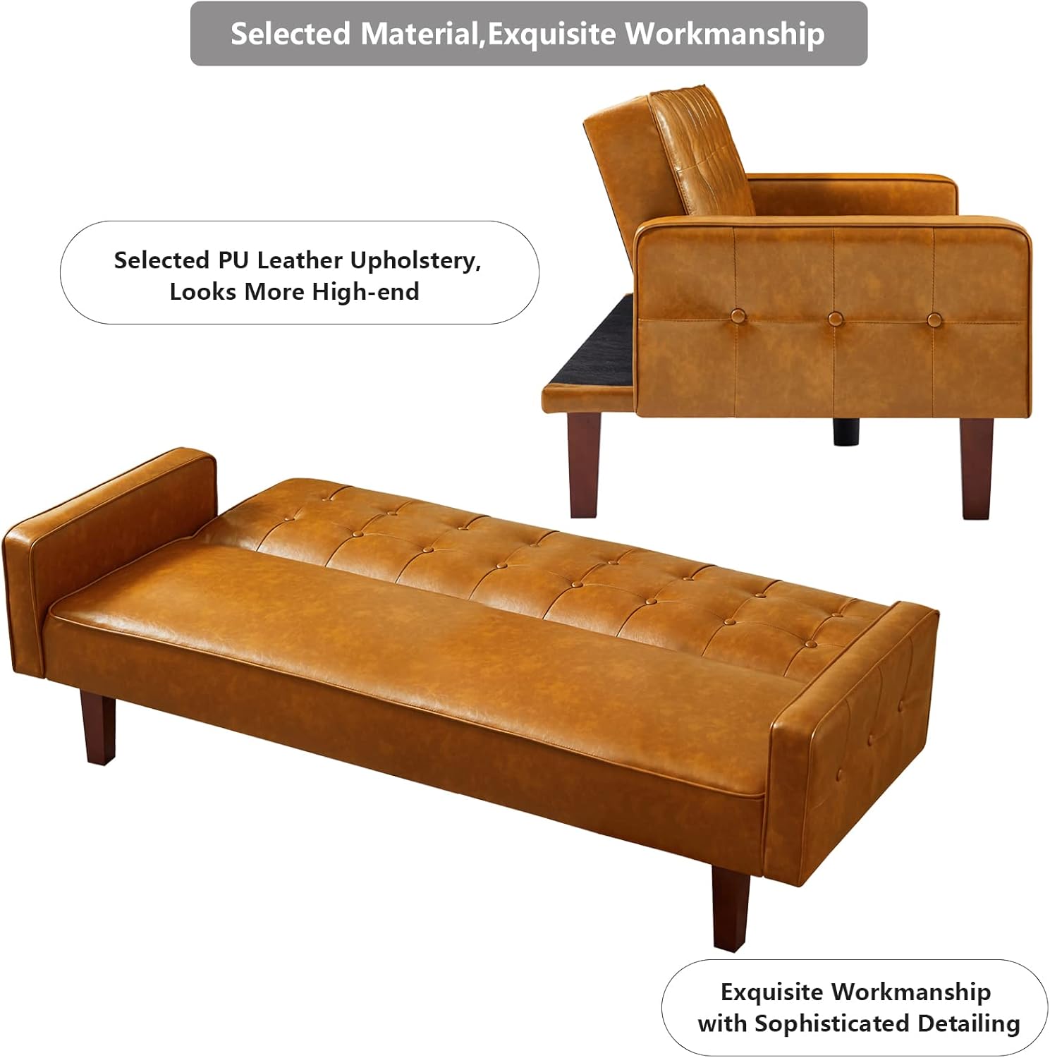 mikibama PU Futon Sofa Couch for Living Room Convertible Faux Leather Upholstered Futon Sleeper Sofa Bed Channel Tufted Bedroom Futons with Solid Wood Legs for Small Spaces