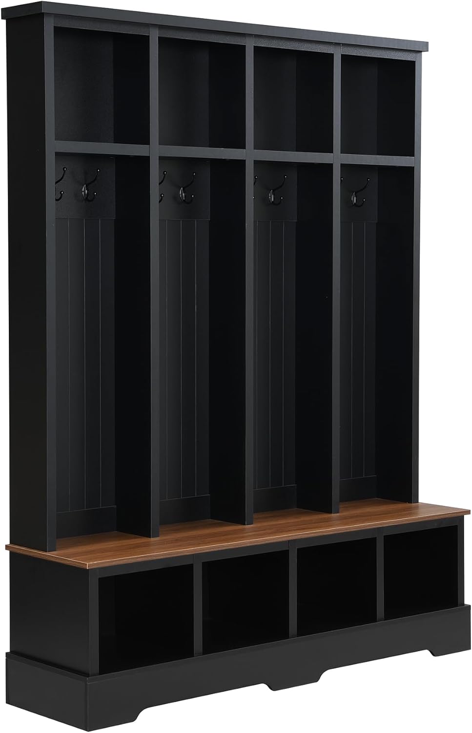 SOFTSEA 59 Inch Wide Hall Tree with Storage Bench, Farmhouse Entryway Bench with 8 Hooks and Storage Shelves, Modern Coat Rack with Shoe Cabinets for Mudroom, Living Room, Black