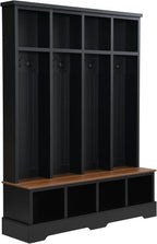 SOFTSEA 59 Inch Wide Hall Tree with Storage Bench, Farmhouse Entryway Bench with 8 Hooks and Storage Shelves, Modern Coat Rack with Shoe Cabinets for Mudroom, Living Room, Black