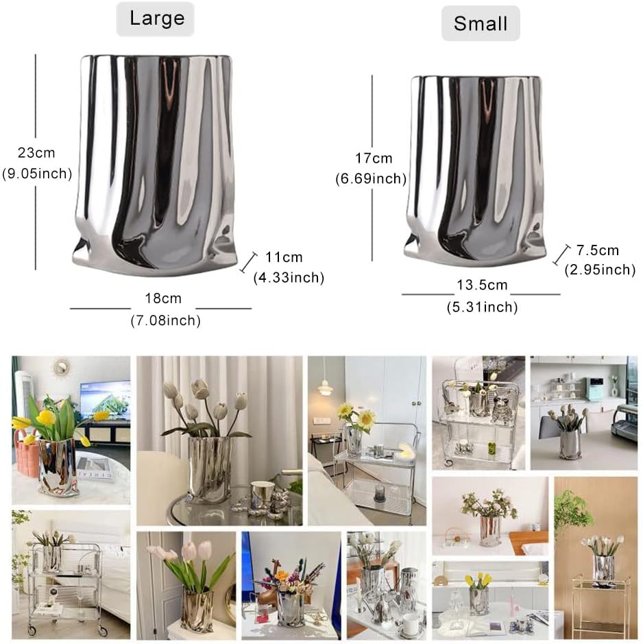 Silver Vase, Paper Bag Modern Minimalist Metallic Luster Ceramic Flower Vase for Home Decor, Table, Living Room Decoration, Shelf Decor, Mantel (Silver-Large)