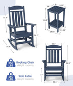 FOOWIN 3-Piece Outdoor Rocking Chairs Set, High Back Patio Rocker with Side Table, HDPE All Weather Resistant Oversized Rocking Chairs for Indoors, Porch, Patio, Backyard, Navy Blue
