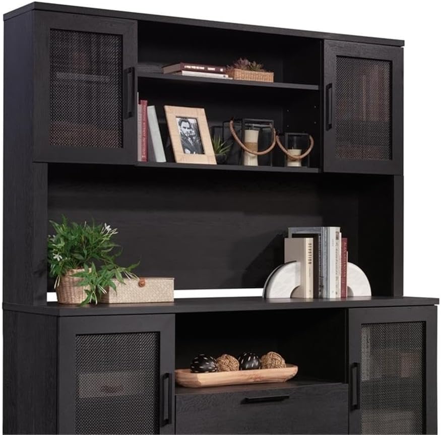 Pemberly Row Large Coastal Engineered Wood Hutch, Raven Oak Finish, 42 in x 66 in x 11 in, Adjustable Shelves, Rattan Doors, Cord Management, Office Storage Attachment for Desk or Credenza