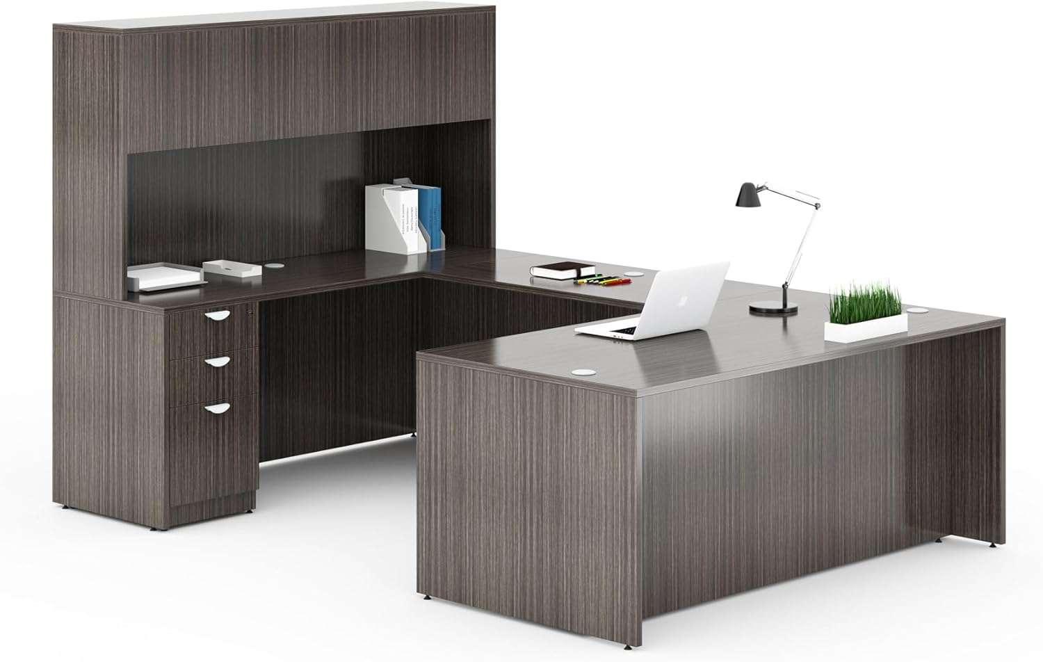 Boss Office Products 71 Inch Executive U-Shape Desk with File Storage Pedestal and 4 Door Hutch, Driftwood