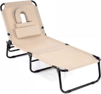 COSTWAY Tanning Chair with Face Hole, Pillows & Adjustable Backrest, Folding Chaise Lounge for Sunbathing, Beach, Seaside (1, Beige)