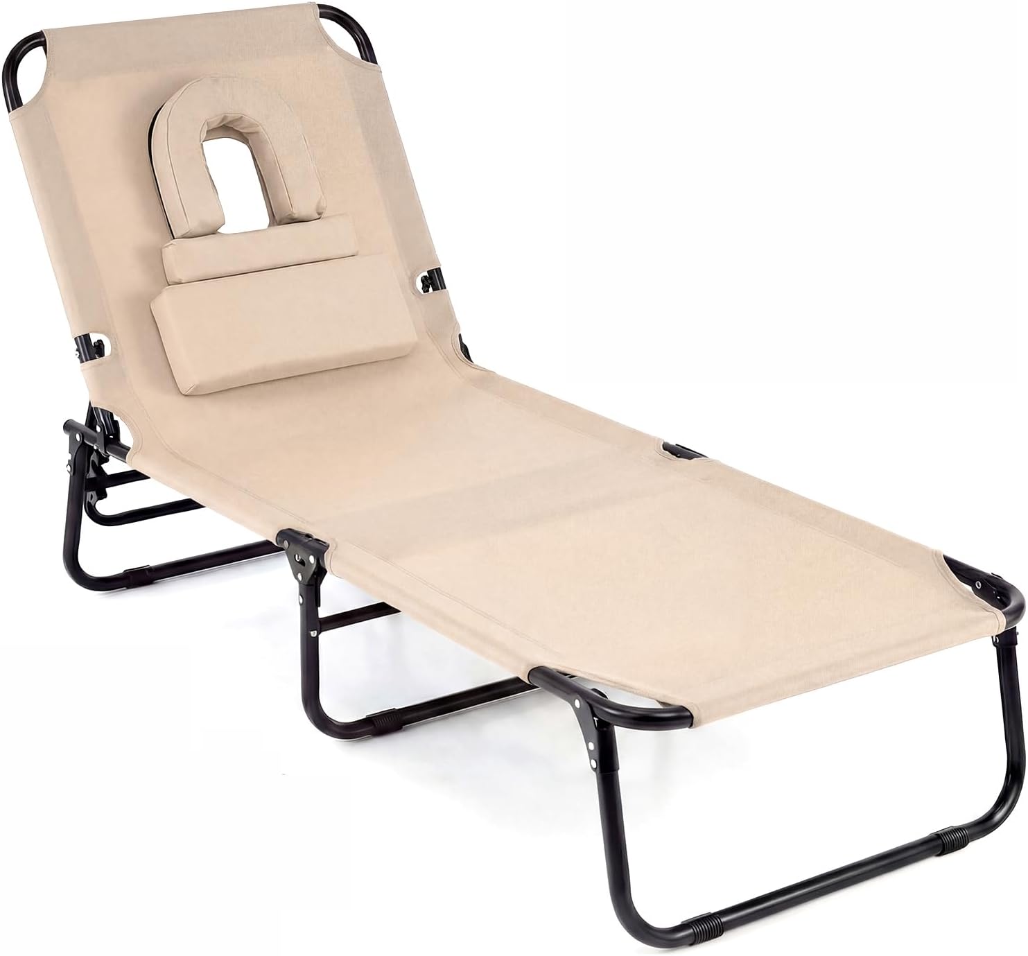 COSTWAY Tanning Chair with Face Hole, Pillows & Adjustable Backrest, Folding Chaise Lounge for Sunbathing, Beach, Seaside (1, Beige)