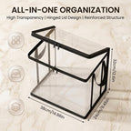 SakerPlus Large Clear Thick Plastic Storage Box with Hinged Lid, 15 inch Thick Plastic Book Storage Bin, Stackable Collapsible Organizer Container for Books, Files, Magazines, Bedroom (Black *3)