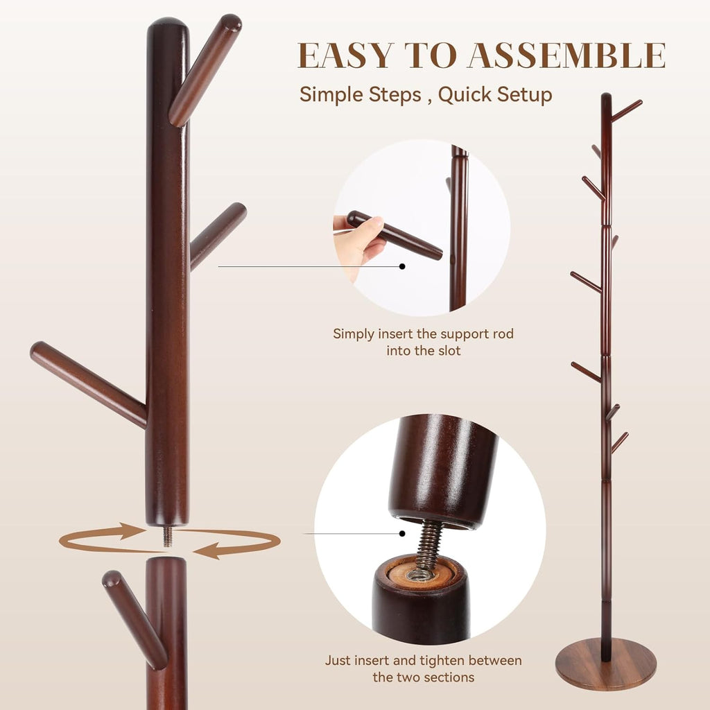 Wooden Coat Rack Freestanding, Corner Bag Purse Coat Hat Rack Tree Hanger Stand Holder Wood Modern Entryway Office Decor Furniture for Small Spaces Standing Heavy Duty Clothes Clothing Rack Hall Tree