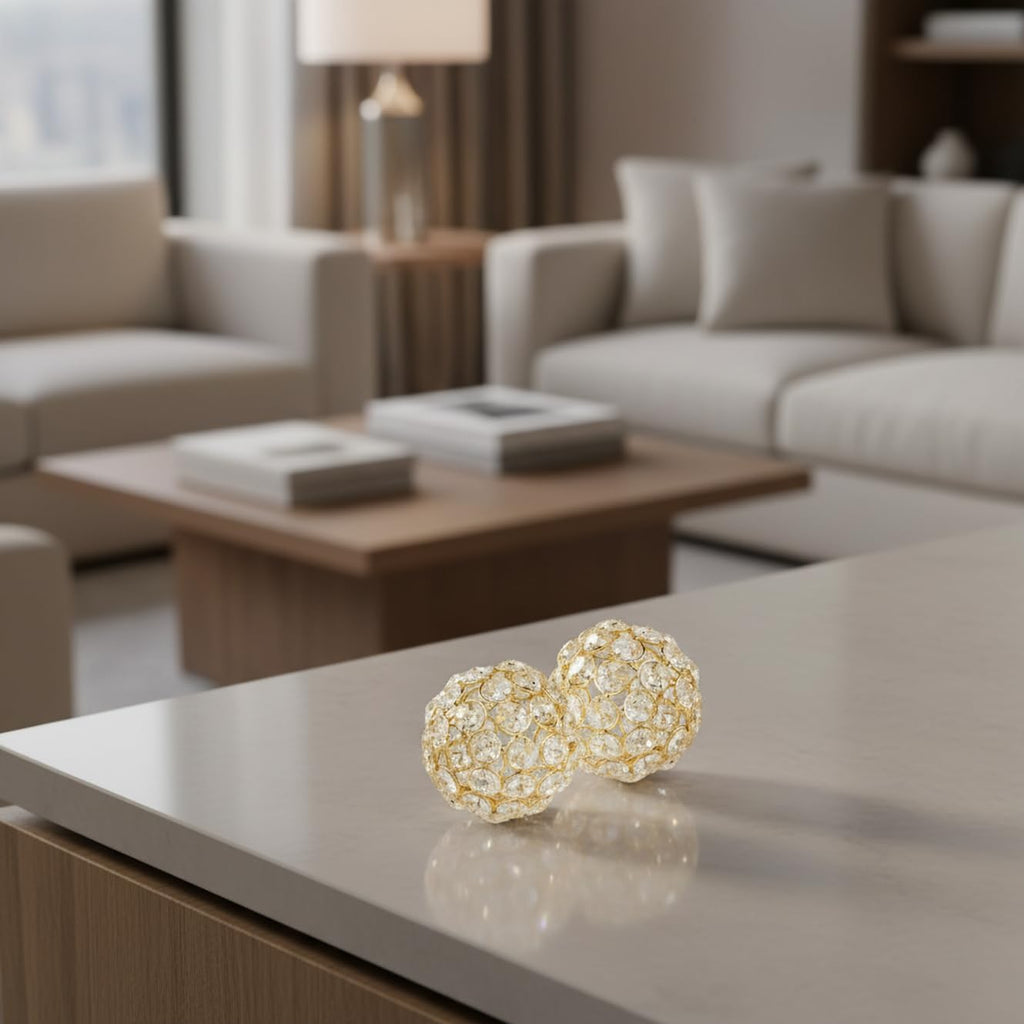 Facetas Decorative Crystal Sphere Fillers – Set of 2 Handcrafted Decorative Orbs, Available in all Crystal Silver & Gold, or in Silver & Gold with added Faux Pearls, 3", 4" or 5" Diameter