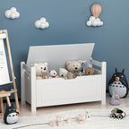 Kids Toy Storage Box with Cushion Seat & Flip-Top Lid – White Wooden Toy Chest with Safety Hinge, Large Organizer Trunk for Nursery, Playroom & Bedroom