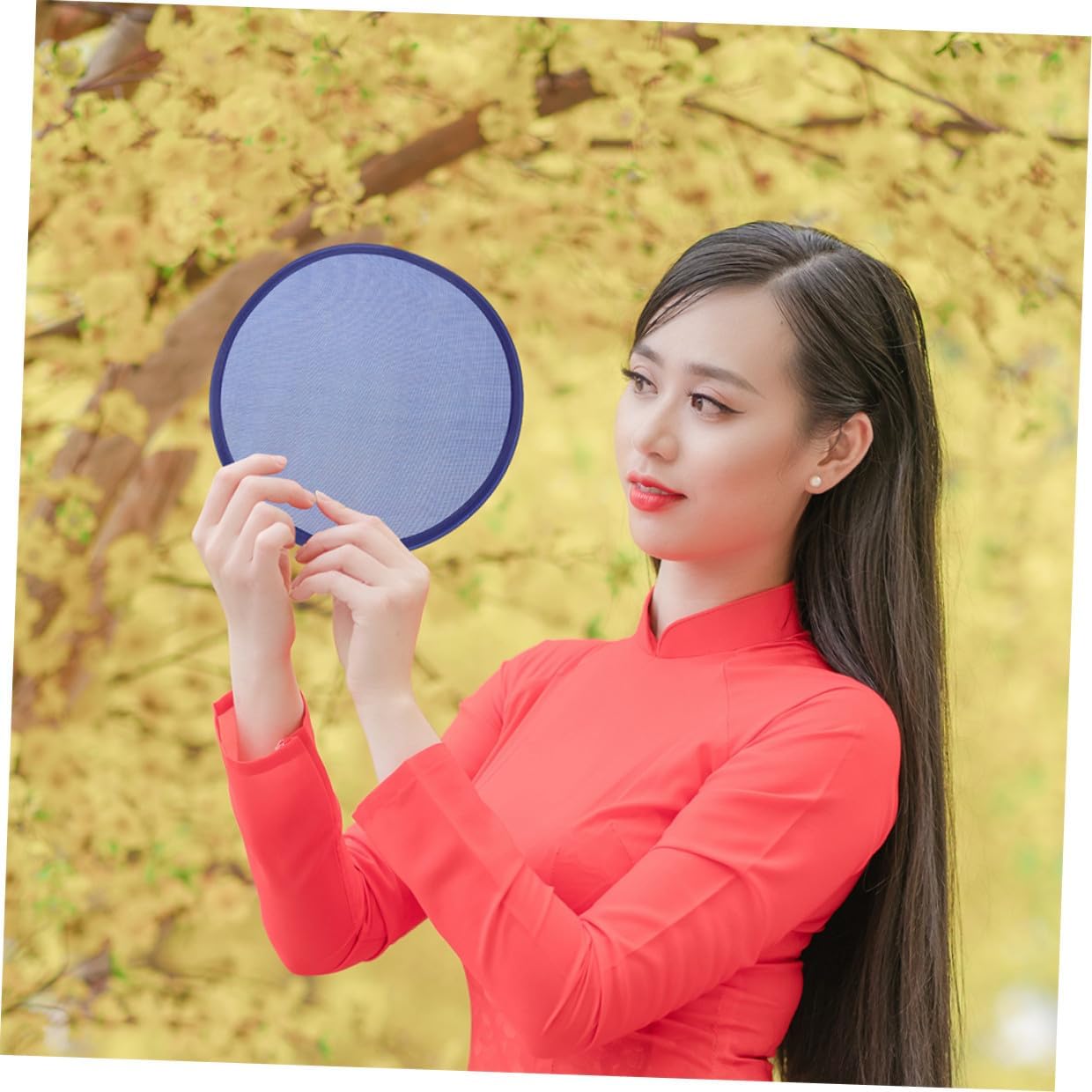 Folding round Hand Fan Portable Collapsible Handheld Fan Navy Blue 25cm for Weddings Summer Party Favor