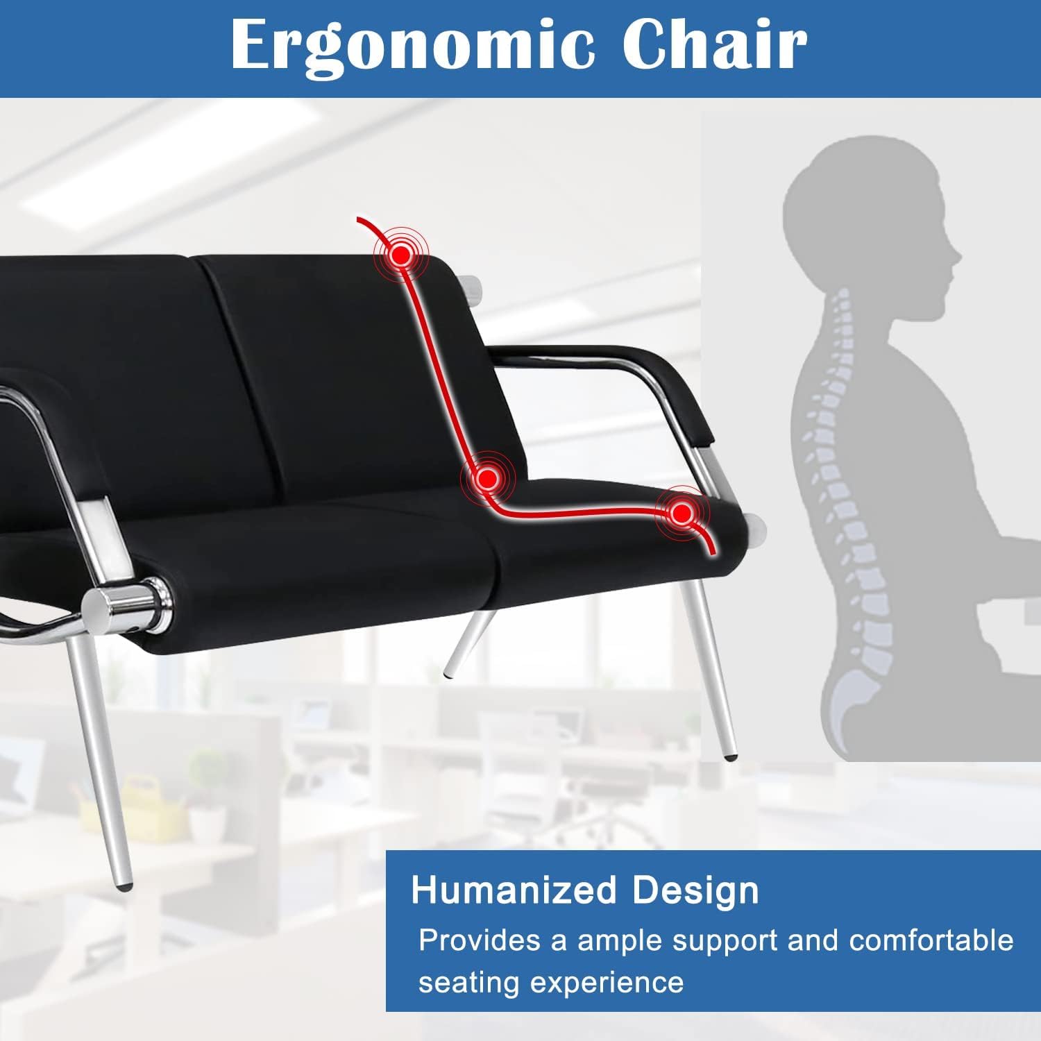 kinbor Waiting Room Chair - 2 Seat Office Guest Reception Bench with Arms, PU Leather Lobby Furniture Reception Chair for Business Salon Bank Hospital Airport, Black