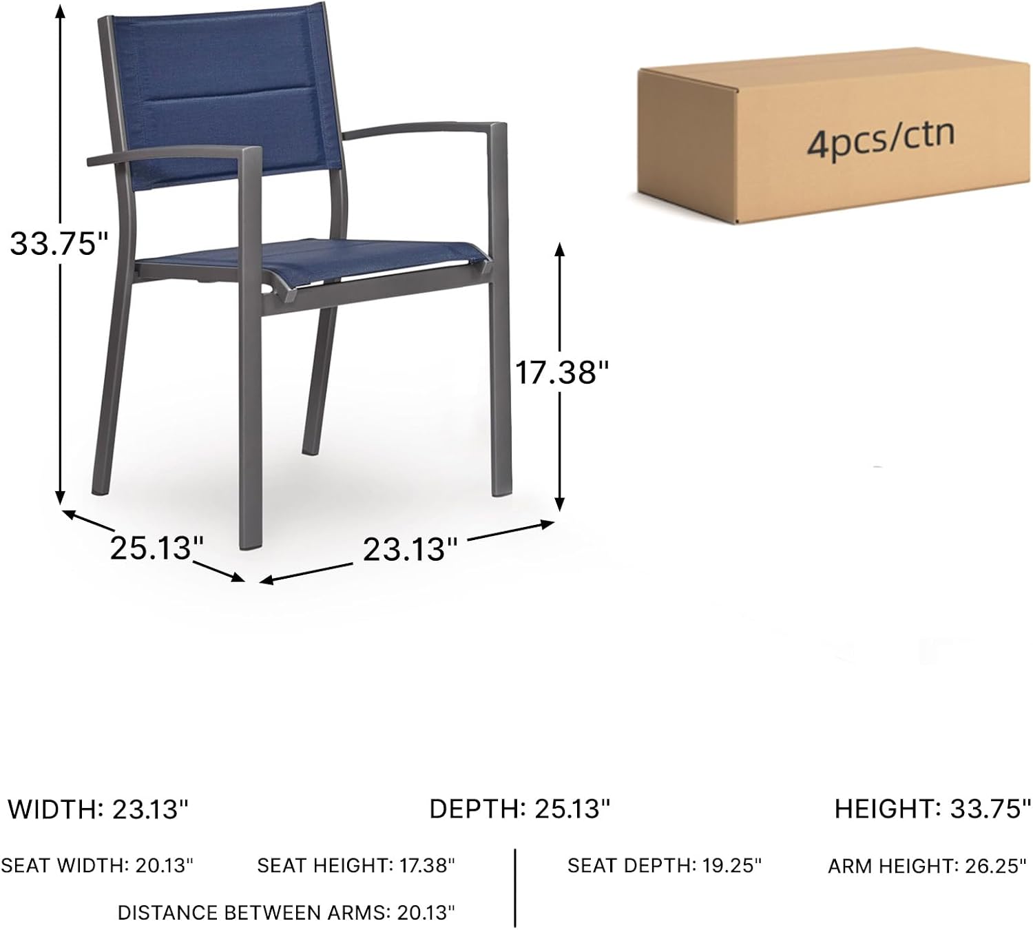 Signature Design by Ashley Point Bonita Set of 4 Outdoor Chairs with Padded Sling Seat, Stackable Aluminum Lounge Chairs for Patio and Porch Seating, Gray Frame with Blue Sling