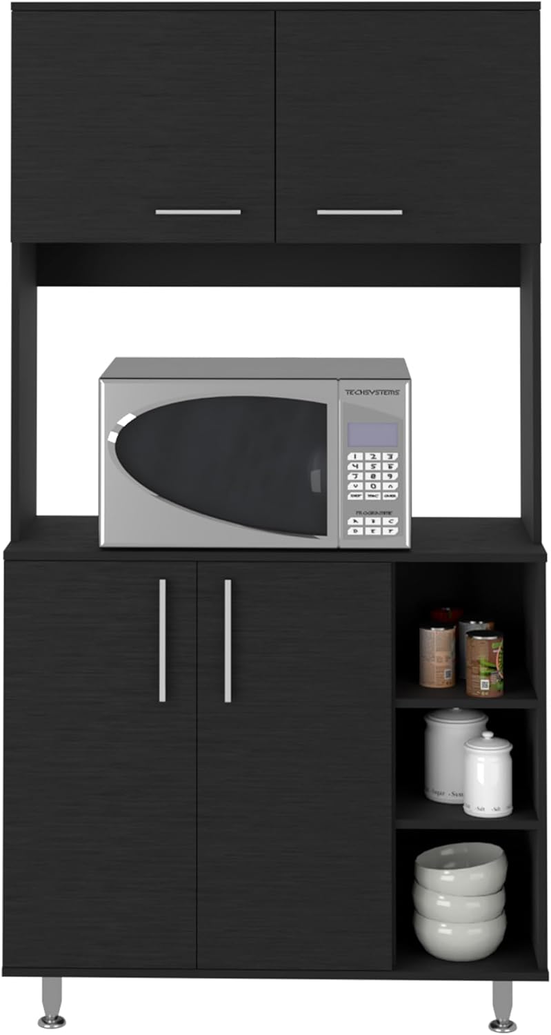 Kitchen Pantry Cabinet, 3 Shelves, Double Door & Open Rack - Black