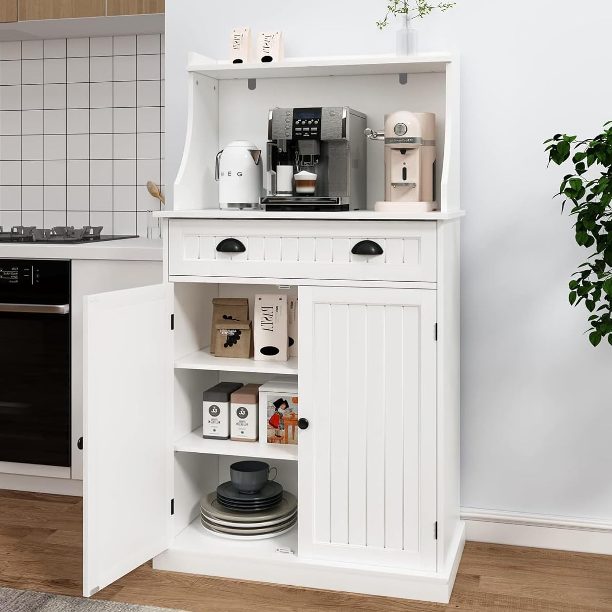 HOLTICO 54" Freestanding Kitchen Pantry Storage Cabinet with Doors and Adjustable Shelves, Microwave Oven Stand with Drawer for Kitchen, Bathroom or Hallway, White