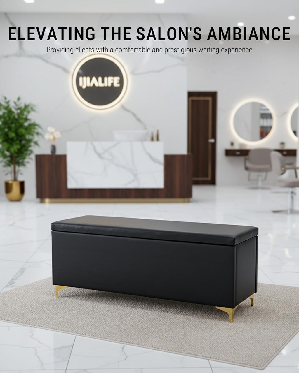 Waiting Room Chairs with Storage, PU Leather Reception Chair | 600lbs Load | Sleek Black Finish | Versatile Shoe Rack & End-of-Bed Stool | ideal for Beauty Spa Bedroom Home Entryway