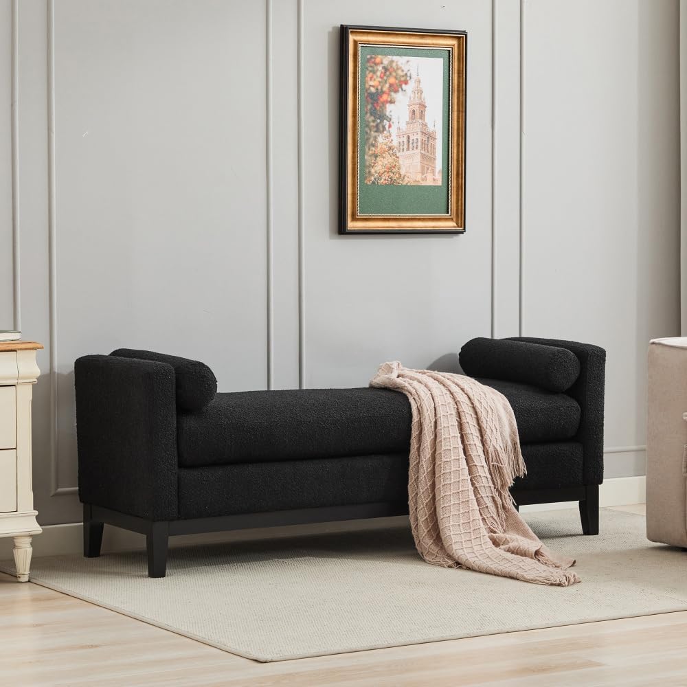66.34" W Elegant Upholstered Bench,Daybed, Ottoman with Wood Legs & 2 Bolster Pillows for End of Bed, Bedroom, Living Room, Entryway,Black Boucle