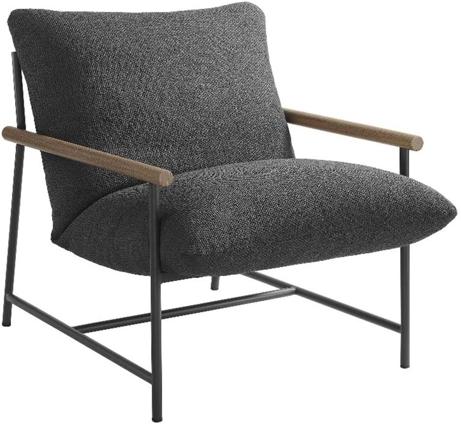 Modway Raya Outdoor Patio Boucle Sling Chair in Charcoal - Comfy Sling Accent Chair - Metal Frame Lounge Chair with Removable Boucle Cushion and Faux Wood Arms for Porch, Deck, Backyard