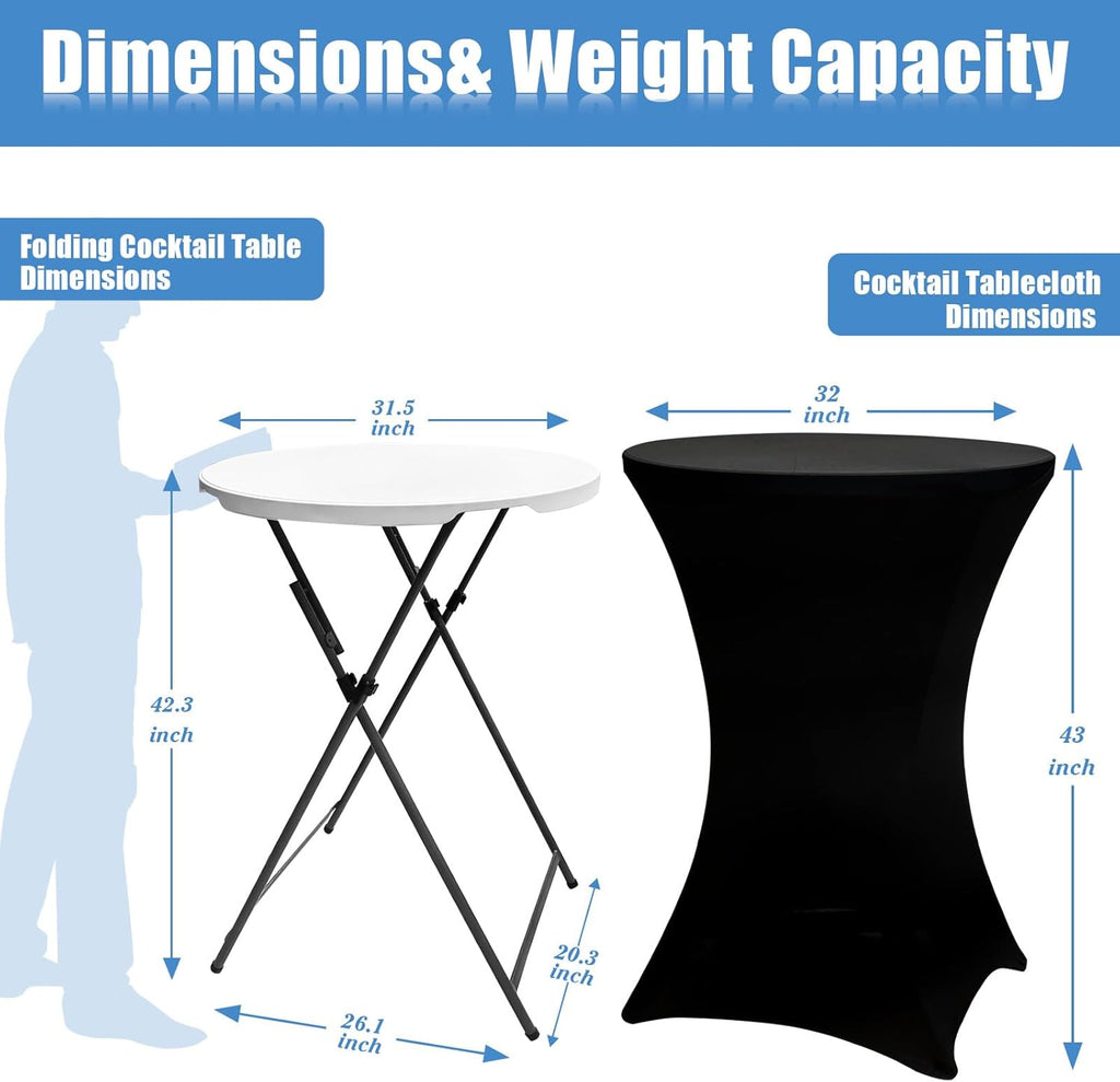 2Sets 32in Hightop Folding Cocktail Tables+Covers-Spandex Stretch Folding Tall Bar Table Covers, Detachable Legs Bar Height Folding Table Outdoor Indoor Use (Black/2 Tables+2 Covers)