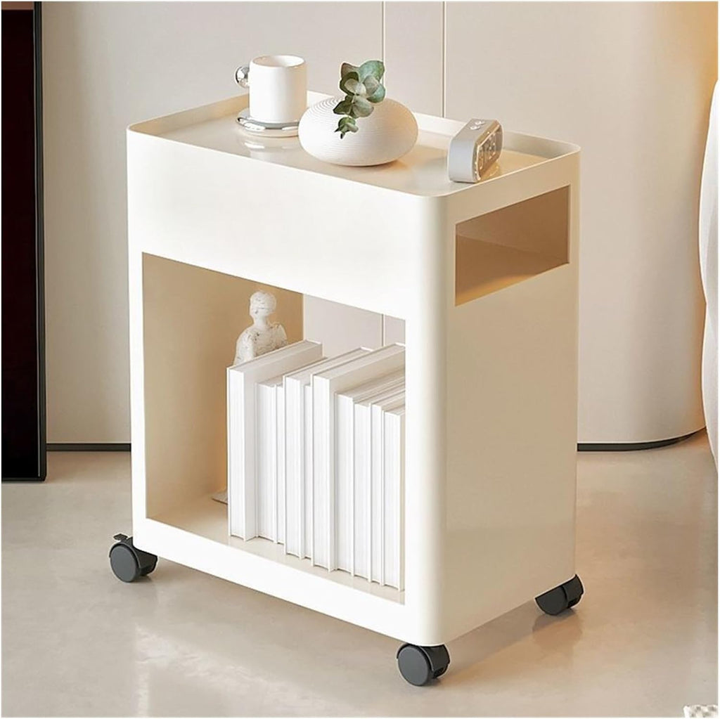 Center Table Small Coffee Table with Wheels Modern Simple Household Movable Iron Sideboard Living Room Square Sofa Side Storage Shelf(White)