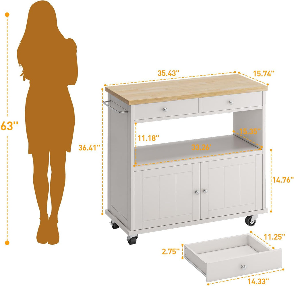 knoworld Rolling Kitchen Island with Storage Cabinet, 35.4'' Width Kitchen Cart, 2 Drawers Island Table, Portable Mobile Kitchen Island with Towel Rack, Wood Top and Lockable Wheels, White