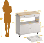 knoworld Rolling Kitchen Island with Storage Cabinet, 35.4'' Width Kitchen Cart, 2 Drawers Island Table, Portable Mobile Kitchen Island with Towel Rack, Wood Top and Lockable Wheels, White