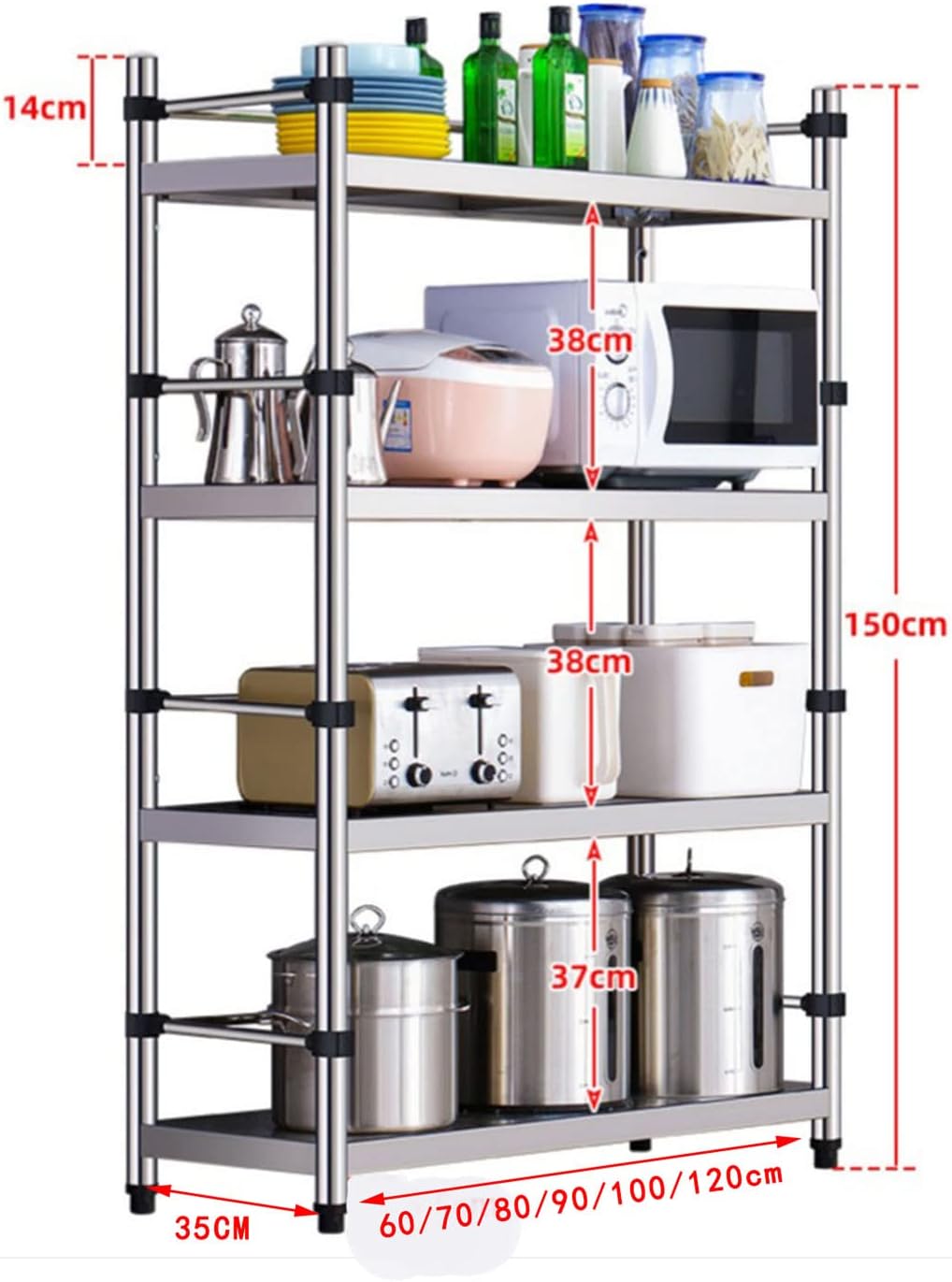 Microwave Shelf with 4 Levels, Metal Frame and Hooks, for Kitchen Storage, 60 cm Height