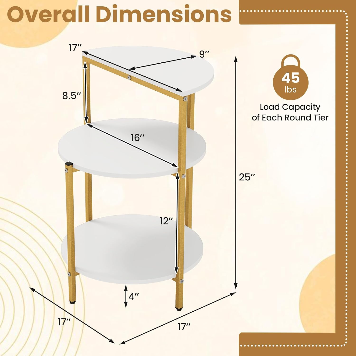 Giantex 3-Tier Round Side Table Set of 2, Wood Bedside Sofa End Table with Storage Shelves & Metal Frame, Modern Slim Night Stand for Bedroom Living Room Entryway Small Spaces, White & Gold