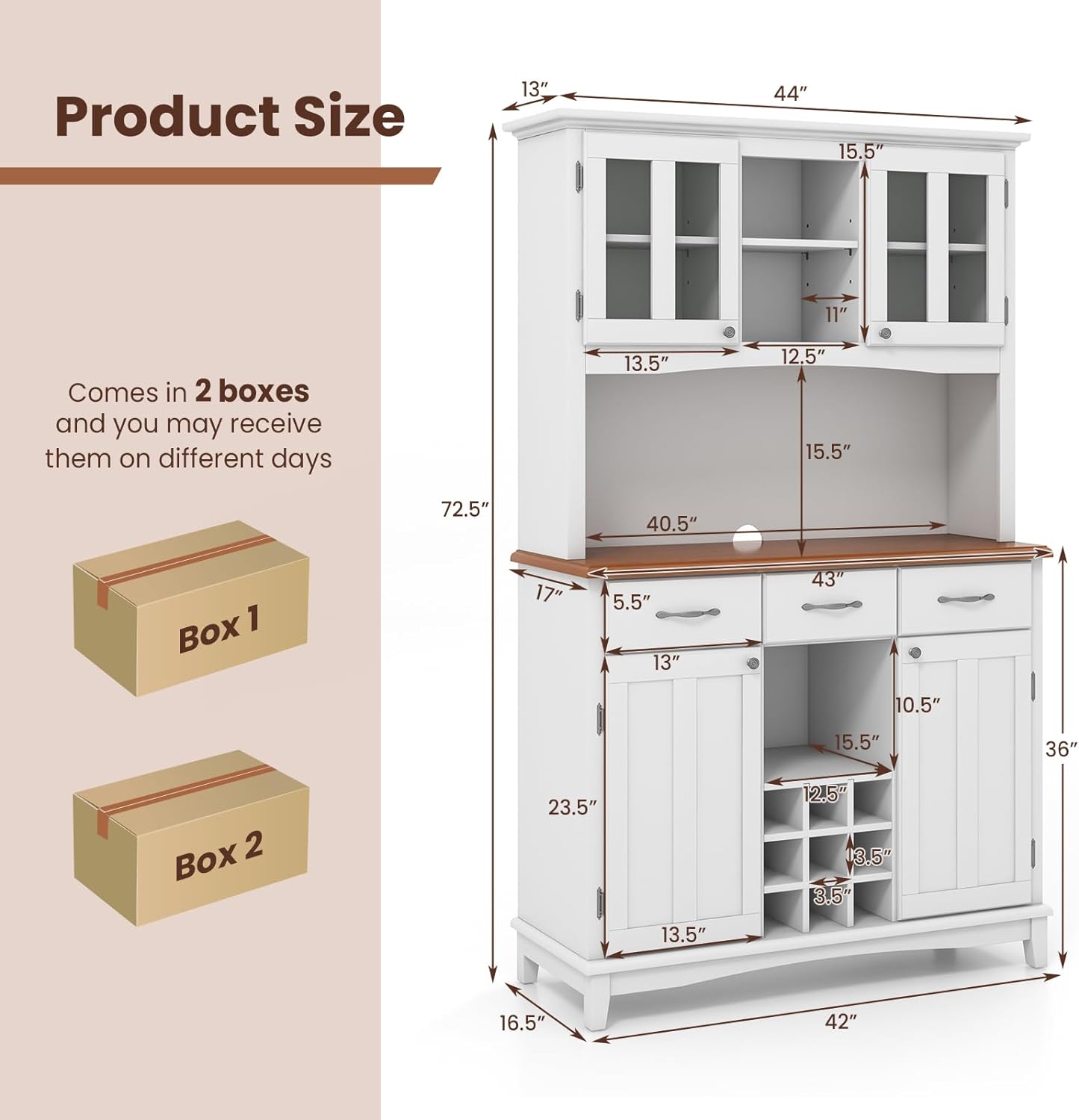 Moccha Kitchen Hutch with Storage, Farmhouse Buffet Cabinet Cupboard with Glass Doors, Drawers, Wine Rack, Adjustable Shelves, Pantry Storage Cabinet Sideboard for Living Room, Dining Room, White