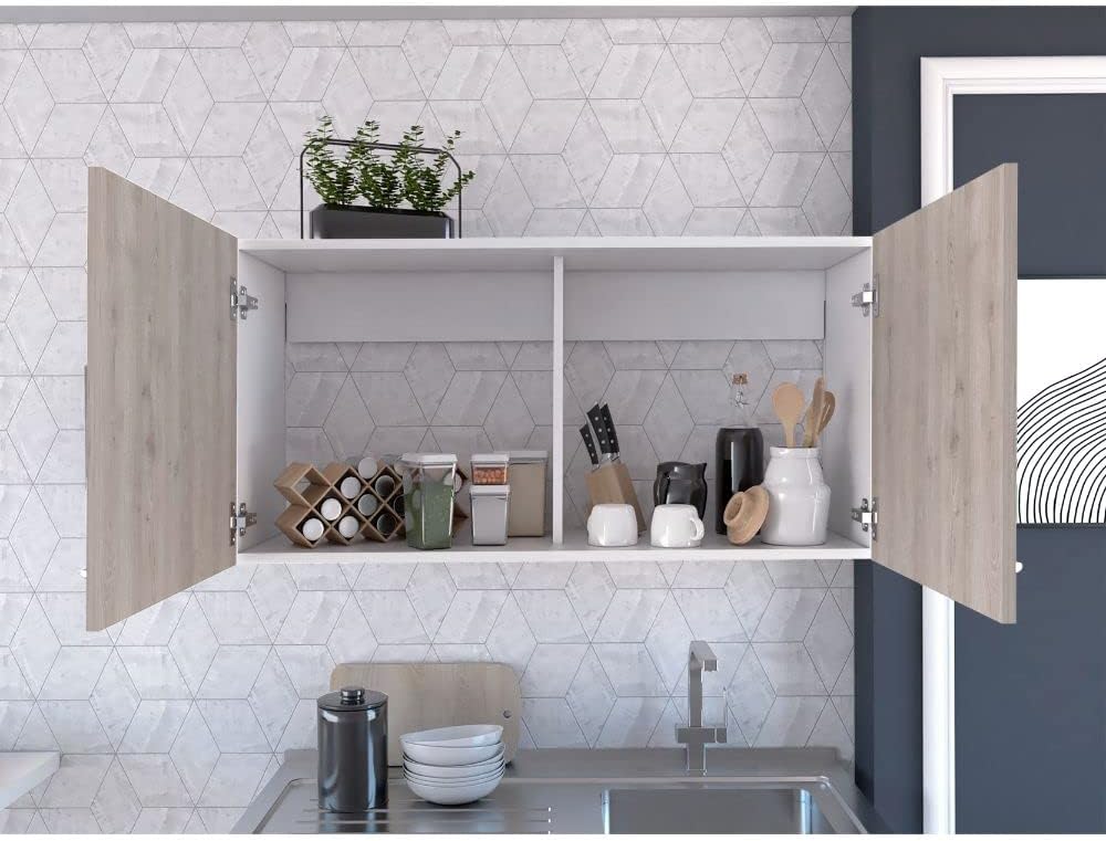 White and Light Grey 2-Door Wall Cabinet, 2-Compartment Kitchen Storage & Organization