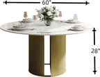 59" Modern Round Dining Table for 6, Glossy White Circle Kitchen Table, Sintered Stone Dining Room Table Top with Bronze Cylinder Hollow Base, Faux Marble Dinner Table for Home Party, (Table Only)