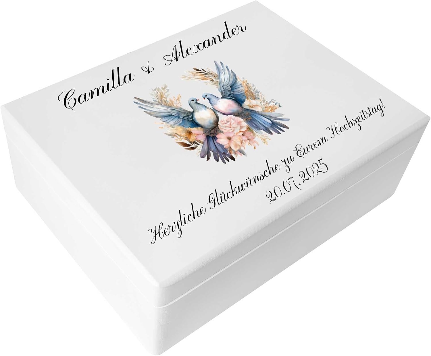 Creative Deco Personalized White Wooden Storage Box Wedding Box | 15.8x11.8x5.5in (+-0.5) | Doves | Hinged Lid Engraving | Gift Box | ROUGH UNSANDED Keepsake Souvenir Chest
