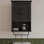 ChooChoo Farmhouse Medicine Cabinet, Bathroom Wall Cabinet with Adjustable Shelf, Towel Bar, 3 Hooks, Over The Toilet Storage Cabinet for Bathroom, Kitchen, Black
